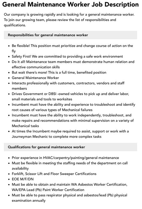 General worker job description.  About the General Maintenance Worker role Gener...
