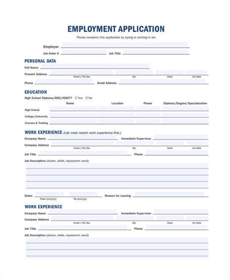 Generic Employment Application Template 8+ Free PDF Documents Download Free & Premium Templates