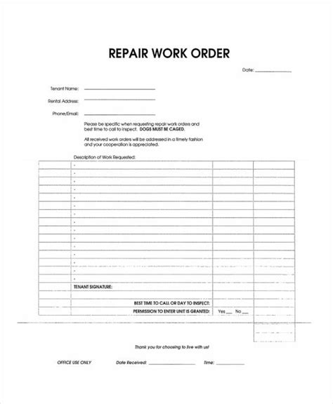 Generic Work Order Form Printable FREE 9+ Sample Work Order Forms in