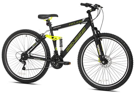 Genesis 29" Incline Men's Mountain Bike, Black/Yellow: 29" Tire Size; Lowest Stand-over Point: 29 1/4" Aluminum four bar linkage suspension frame; Spring loaded suspension fork; Front disc brakes; Rear linear pull …. 