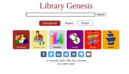 Genesis library website. Feb 4, 2024 · Library Genesis is a file-sharing based shadow library website for scholarly journal articles, academic and general-interest books, images, comics, audiobooks, and magazines. The site enables free access to content that is otherwise paywalled or not digitized elsewhere. 