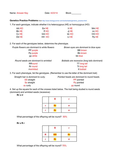 Genetics Practice Problems Answer Key Sutherland Ffa