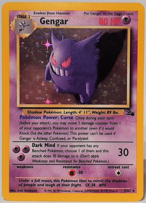33 listings on TCGplayer for Gengar - Pokemon - Pokémon Power: Curse Once during your turn (before your attack), you may move 1 damage counter from 1 of your opponent's Pokémon to another (even if it would Knock Out the other Pokémon). ... 2/15/24 LP Holofoil Lightly Played Holofoil 1 $39.95; 2/15/24 HP Holofoil Heavily Played Holofoil 1 $16 ...