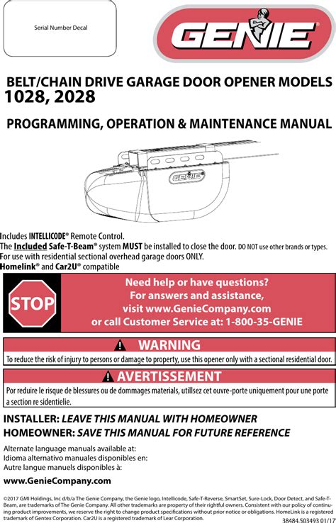 Related Manuals for Genie 2020L Series. ... Garage Door Opener Genie 1028 Operation & Maintenance Manual. Belt/chain drive garage door opener (24 pages). 