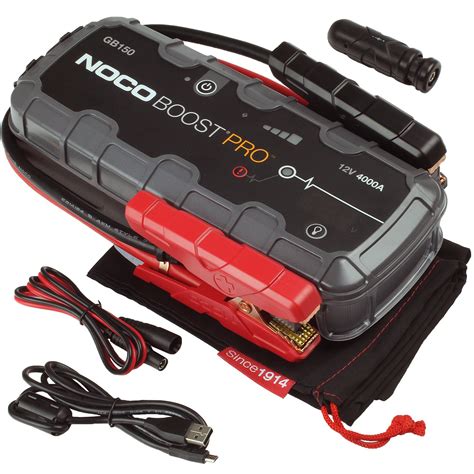 The Noco BOOST PRO GB150 is a portable lithium battery jump starter pack delivering 3,000-amps for jump starting a dead battery in seconds. It features a patented safety technology that provides spark-proof connections and reverse polarity protection making safe and easy for anyone to use. ... NOCO GENIUS 10UK 6V/12V 10-Amp Fully Automatic .... 