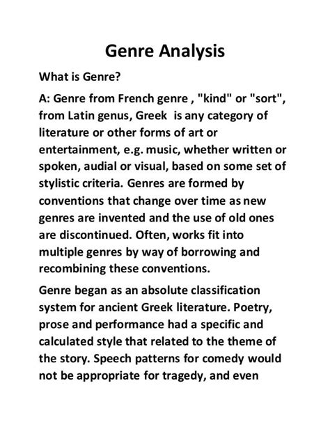 Genre analysis. Evaluation: judgment based on analysis. Fandom: community of admirers who follow their favorite works and discuss them online as a group. Genre: broad category of artistic compositions that share similar characteristics such as form, subject matter, or style. For example, horror, suspense, and drama are common film and literary genres. 