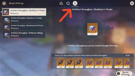 Go to a Crafting table and use the Artifact Strongbox: Gladiator's Finale to convert at least 3 Artifacts into one brand new artifact. For every three 5-star artifacts you convert, you get one Gladiator's Finale artifact. You can convert a total of 39 artifacts to collect up to 13 brand new ones! Artifact Reroll Guide. 