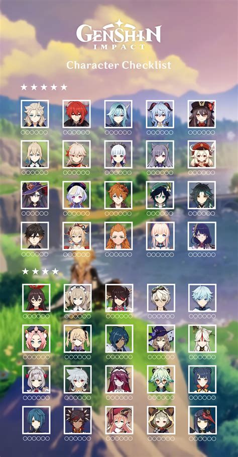 2022/09/29. Follow. From Character Checklist Updates. So I made this character checklist following by 3.1 latest update (including Nilou for future haver). Feel free to use it!! There is a template I saw as well but not latest as 3.1 version so I just made one myself including the latest version banner. Genshin Impact • Daily Sharing.. 