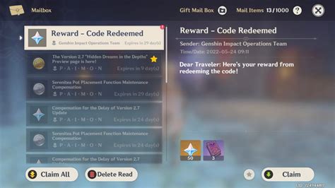 Genshin code redeem. 1. Before redeeming a code, log in to your account and make sure you have created a character in the game and have linked your HoYoverse Account in the User Center. Otherwise, you will be unable to redeem the code. 2. After redeeming a code, you will receive the redeemed item via in-game mail. Check in-game to see that you have received it. 3. 