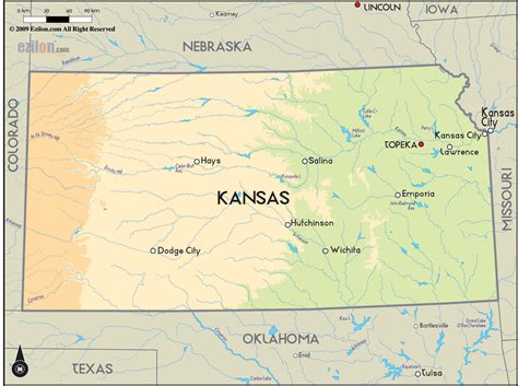 Geographical Map of Kansas and Kansas Geographical Maps