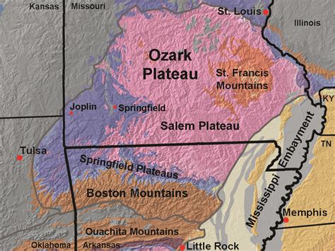 Geology of the ozarks. Topography and Geology. The Ozarks, also known as the Ozark Mountains, Ozark Highlands or Ozark Plateau, is a physiographic region in the U.S. states of Missouri, Arkansas, Oklahoma, and the extreme southeastern corner of Kansas 1. The Ozarks primarily consist of a plateau interspersed with mountain ranges, rivers, streams, and lakes. 