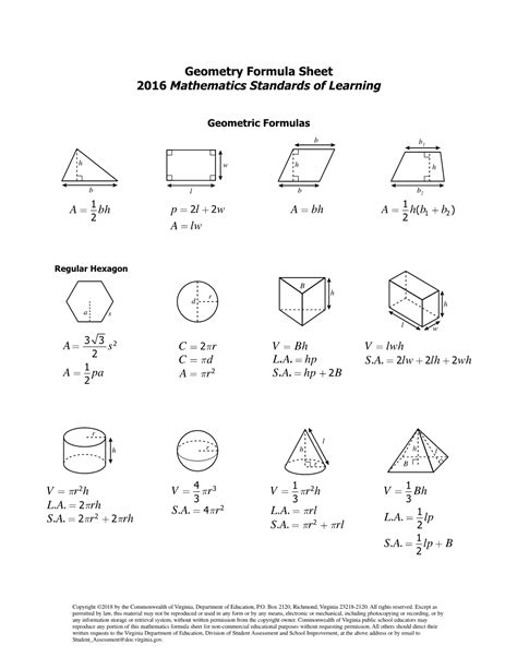 Geometry Formula Sheet 2016 Mathematics Standards of Learning DocsLib