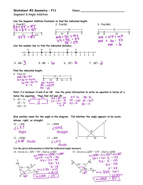 Geometry Segment And Angle Addition Worksheet Answers