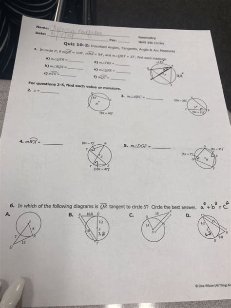 Geometry Unit 10 Circles Test Answer Key Gina Wilson All Things Algebra Unit 1 Geometry Basics