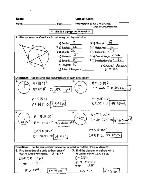 Geometry Unit 10 Circles Test Answer Key Honors Geometry Vintage