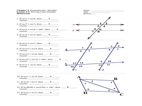 Geometry parallel lines proofs worksheet. There are several angle relationships of which students should be aware. Complementary angles are two angles that together form a 90 degree angle; supplementary angles are two angles that together form a 180 degree angle; and explementary angles are two angles that together form a 360 degree angle.Vertical angles are found at line intersections; angles … 