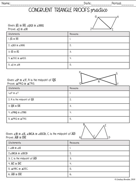 Geometry proof worksheet. Topics include triangle characteristics, quadril...