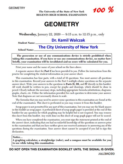 The Geometry Regents exam tests you on a huge array of geometry-related topics, from angles to 3-D shapes. The upcoming Geometry Regents exam is on Wednesday, January 22, 2020, at 9:15 am. This …. 