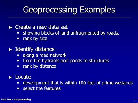 Geoprocessing examples.  The chapter provides numerous examples that demo...