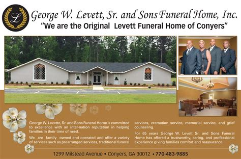 To send a flower arrangement or to plant trees in memory of BETTY FRANCES HULLUM, please click here to visit our Sympathy Store . SERVICES. 1st Visitation. Monday, November 27, 2023. 1:00 PM - 7:00 PM. George W. Levett Sr. and Sons Funeral Home Inc. 1299 Milstead Ave. CONYERS, GA 30012. Get Directions on Google Maps.. 