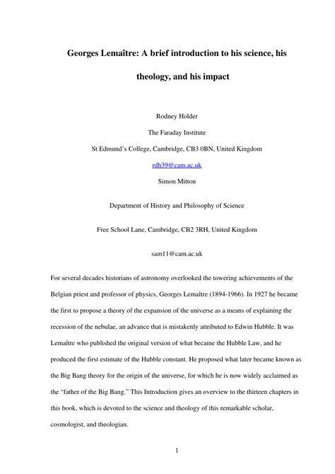 Georges Lemaître: A Brief Introduction to His Science, His ...