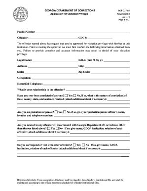 georgia prison visitation form GEORGIA DEPARTMENT OF CORRECTIONS Application for Visitation Privilege SOP 227.05 Attachment 2 2/21/18-Page 1 of 2Facility/Cente r: Offender:GDC #:The offender fashion and fabrics notes pdf Fill in Documents Online Fast. Easy. Secure. Easy Step-by-Step Instructions Guidebook Table of Contents PDF …. 