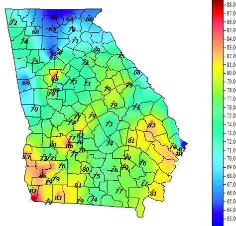 University of Georgia Weather Network . Home; Maps and Summary. Current Maps. Air Temperature; ... 2 Inch Soil: 84.8 °F: 4 Inch Soil: 83.5 °F: 8 Inch Soil: 80.1 °F ...