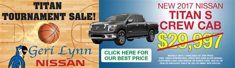 Geri lynn nissan. Geri Lynn Nissan is a Nissan wholesale dealer, certified pre-owned dealer, and rental car dealer. It offers genuine Nissan parts, express service, customer promise, and one to … 