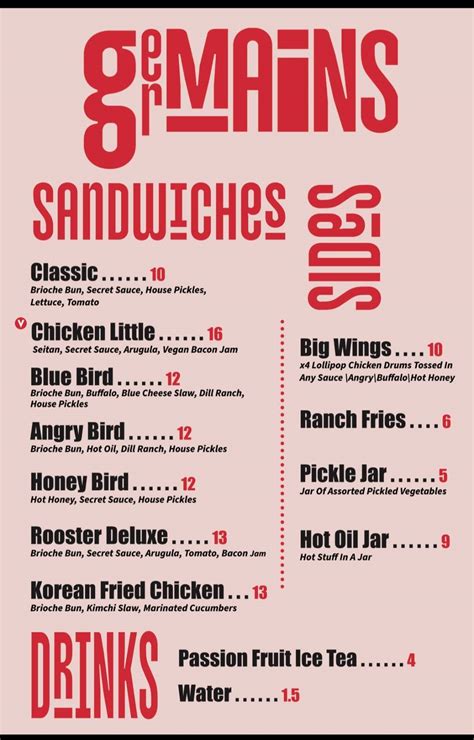 Germain's chicken sandwiches menu. Nov 30, 2022 · Hi Facebook family! For those asking, our address is 220 NW 8th ave, Gainesville, FL 32601 (suite 10) Also, we are still in the process of updating our menu but here’s what we currently offer.... 
