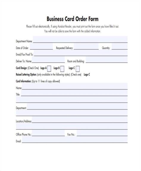 Get Our Sample of Business Card Order Form Template for Free Order
