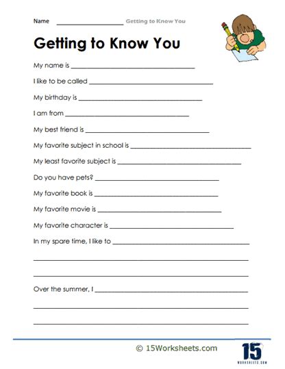 Get To Know You Worksheet Elementary