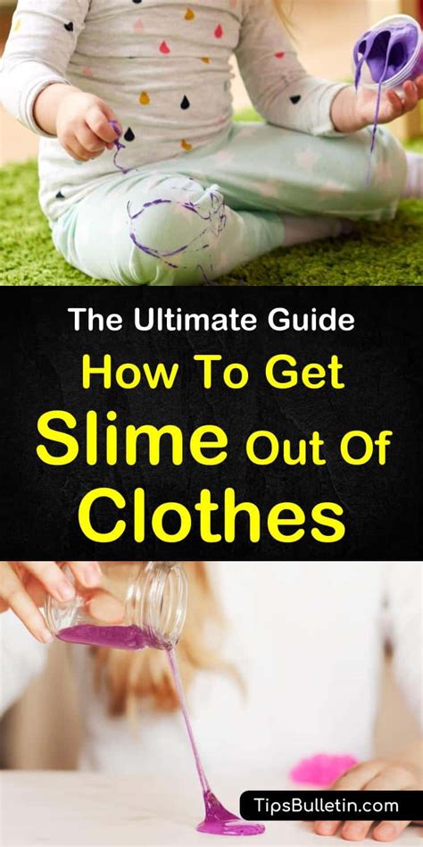 Get slime out of clothes. Allow the soap to settle for at least 20 minutes. Once softened, scrub the cloth together slightly with your hands. The slime will come off pretty nicely. Wash the fabric in cold water afterward. 5. Laundry Detergent. Laundry detergent can also save your favorite clothes from slime stains. 