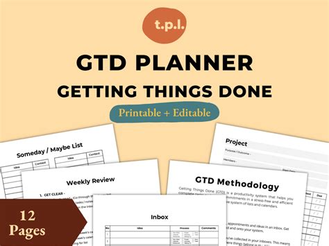 Getting Things Done GTD Printable Planner, Editable pdf GTD Worksheets, Getting Things Done