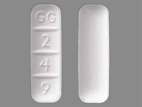 Gg 249 long white pill. Enter the imprint code that appears on the pill. Example: L484; Select the the pill color (optional). Select the shape (optional). Alternatively, search by drug name or NDC code using the fields above. Tip: Search for the imprint first, then refine by color and/or shape if you have too many results. 