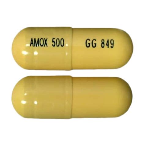 Gg849. The 250 mg capsule is imprinted AMOX 250 on one side and GG 848 on the other side; the 500 mg capsule is imprinted AMOX 500 on one side and GG 849 on the other side. Inactive ingredients: Capsule shells - yellow ferric oxide, titanium dioxide, gelatin, black ferric oxide; Capsule contents - cellulose microcrystalline and magnesium stearate. 