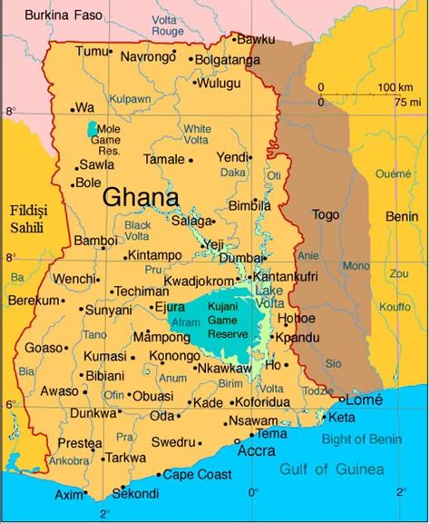 Gine körfezi kıyısında yer alan ve resmî adı Republic of Gana olan ülke güneyden Atlas Okyanusu, doğudan Togo, kuzeyden Burkina Faso ve batıdan Fildişi Sahili ile çevrilidir .... 