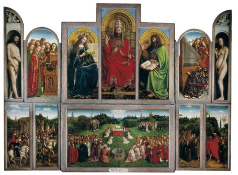 The Ghent altarpiece. (altar wings closed) 1432 (210 Kb); Oil on panel, Each panel 146.2 x 51.4 cm (57 1/2 x 20 1/4 in); Cathedral of St Bavo, Ghent. (outer wings) detail, Adam from left wing, Eve from right; 1432 (50 Kb); Panel painting; Cathedral of St. Bavo, Ghent. The Ghent Altarpiece. detail of lower central panel: Worshippers; 1432 (50 Kb ....
