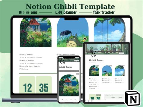 Ghibli studios notion green notion ghibli notion planner easy to use