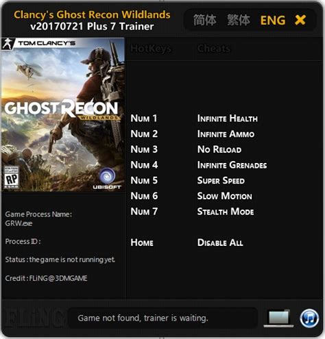 Ghost recon wildlands pc trainer fling.  Activating this trainer Press...