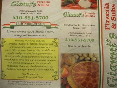 I thought I did a review on Gianni's before but guess not. I just had to give my 2 cents on this pizza joint. First time we ate here, big slices of cheese and pepperoni pizzas. Fresh and NJ/NY like crust. Cheese steaks were fresh and pretty good considering this is coming from Severn and not Philly. 2nd time we ate there, still good.. 