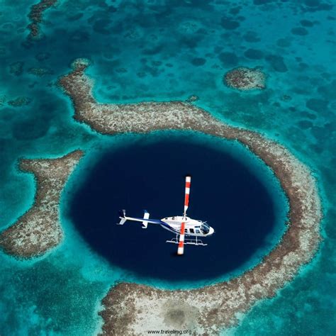 Giant blue hole. The Great Blue Hole, located just 100 kilometers off the coast of Belize, is almost 300 meters across and 125 m deep. The massive underwater sinkhole was made famous when Jacques Cousteau explored ... 