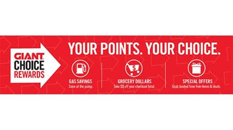 Giant choice rewards. Register with Giant Food and enjoy the benefits of being a loyal customer. You can save on your groceries, pharmacy, and gas, earn rewards points, access digital coupons, and more. It's easy and free to sign up online or in store. Don't wait, join Giant Food today and start saving. 