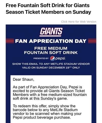 Giants offer season ticketholders free soda at Sunday