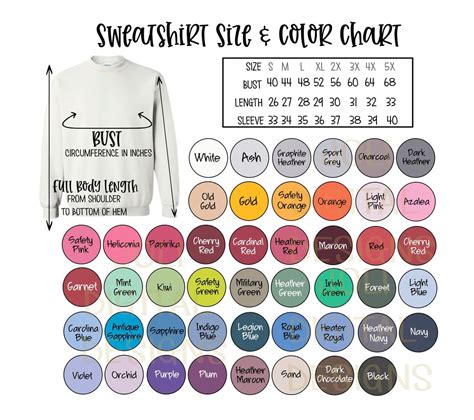 Gildan Sweatshirt Color And Size Chart Digital Download File