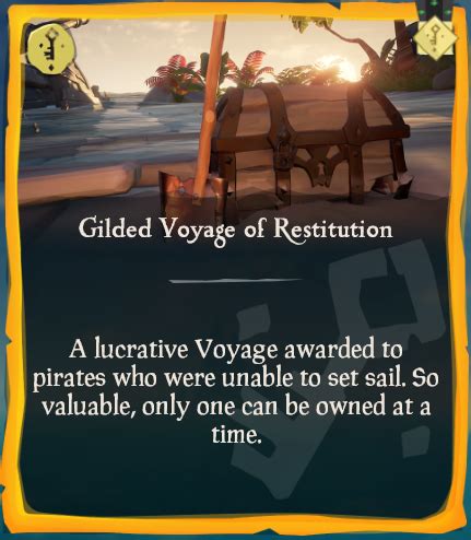 Gilded voyage of restitution. Players who were logged into Sea of Thieves between 3:00am-8:00am UTC on April 24th will receive a Gilded Voyage of Restitution as compensation. This exclusive Gilded Voyage is highly valuable and will not overwrite any existing Gilded Voyages that players may have in their inventory. Please allow up to 72 hours for this to be applied to … 