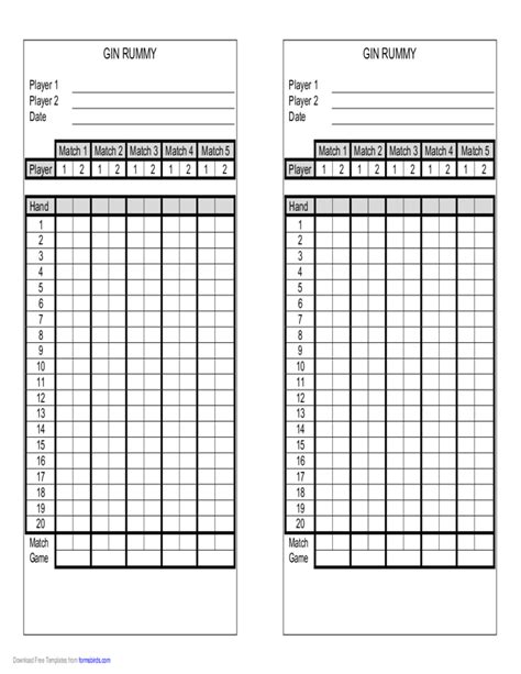 Gin Rummy Score Sheet Free Download