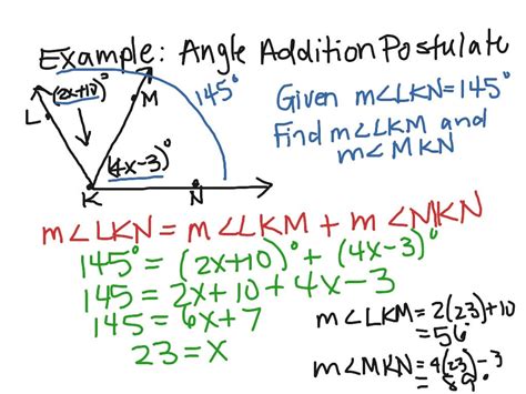 Gina wilson angle addition postulate. The Angle Addition Postulate Date_____ Period____ 1) Find m∠KLM if m∠KLB = 26 ° and m∠BLM = 60 °. M B K L 86 ° 2) Find m∠FGH if m∠FGB = 105 ° and m∠BGH = 54 °. H B F G 159 ° 3) m∠GHC = 60 ° and m∠CHI = 104 °. Find m∠GHI. I C G H 164 ° 4) Find m∠WVU if m∠ZVU = 62 ° and m∠WVZ = 50 °. U W Z V 112 ° 5) m∠FMN ... 