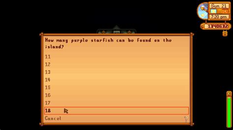 The surveys prompt the players to provide either the exact count of the purple flowers or the purple starfish that can be found across Ginger Island. The correct answer to each question is as follows:. 