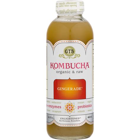 Gingerade kombucha. Rich in organic acids, aminos, and active enzymes, fully fermented for at least 30 days using living cultures, and with fresh-pressed ginger, GT’s Synergy® Kombucha Organic Gingerade® has billions of probiotics which support the gut, aid in digestion, and boost immune health. Family Owned & Operated Since 1995. Vegan. 