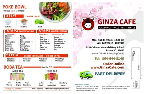 Ginza cafe - easley menu. GINZA CAFE - Easley. You can only place scheduled delivery orders. Pickup ASAP from 5155 Calhoun Memorial Hwy O. Pick Your Ginza Roll Ginza. Regular Roll; Popular Items. Pick 2 Rolls. $9.95. Pick 3 Rolls. $14.95. Cream Cheese Wonton. $5.95. Pick Your Ginza Roll. Regular Roll. Pick 2 Rolls. $9.95. Pick 3 Rolls. $14.95. Ginza. Appetizers. … 